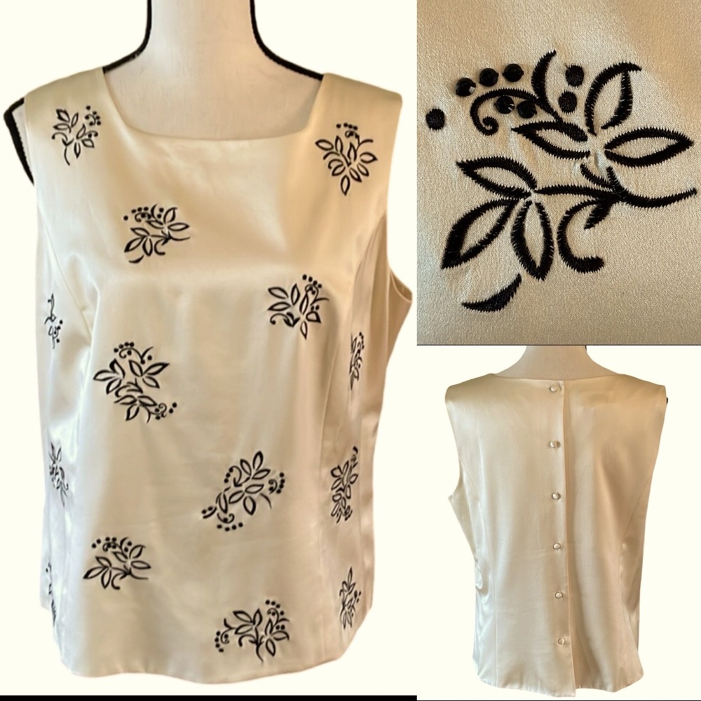 Talbots Silk Sleeveless Top With Embroidered Jeweled Flowers Size 14
